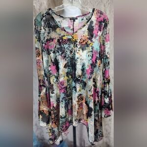 Dor Dor Couture Multicolor Abstract Print Opem Knit Tunic Top Women's NWOT